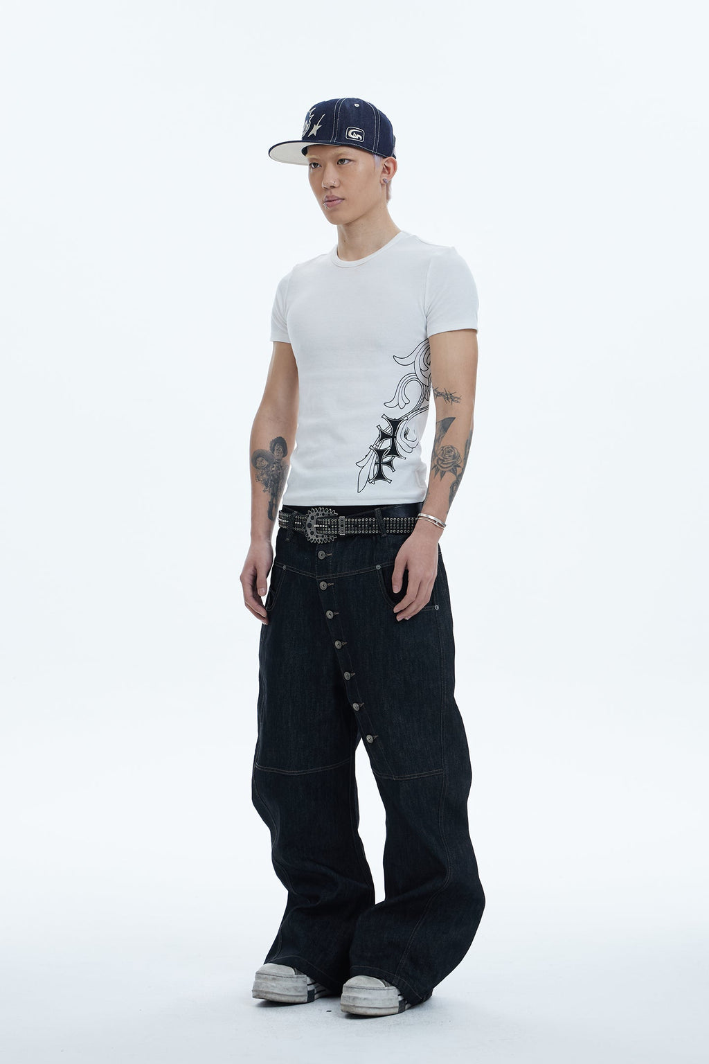 DND4DES Avant-garde Curved Button-Down Raw Denim Curved Jeans