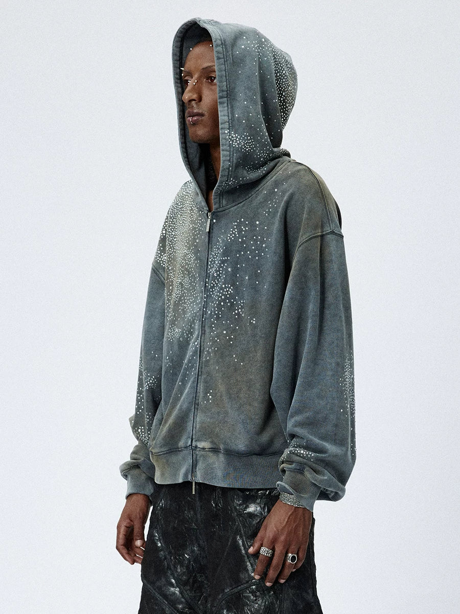 DND4DES 28K Crystal-Studded Dual-Wash ZIP-UP Hoodie Grey