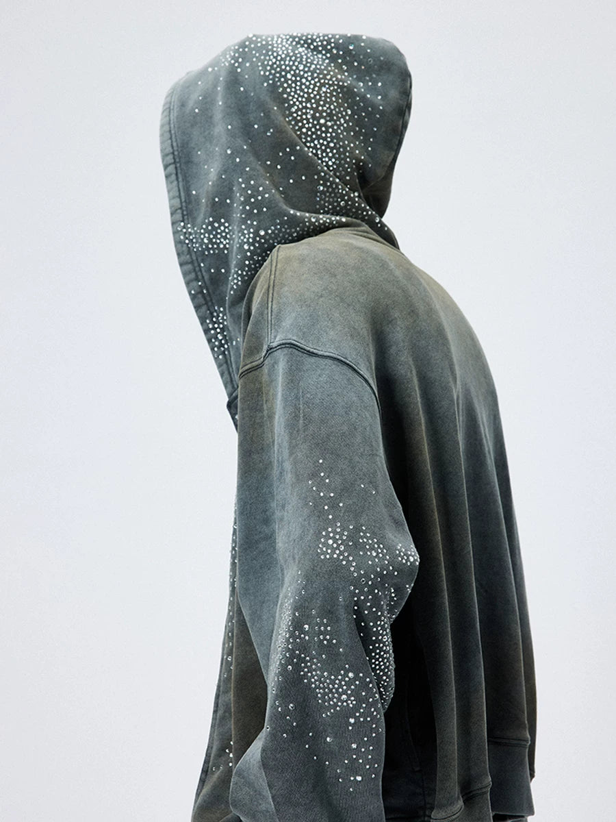 DND4DES 28K Crystal-Studded Dual-Wash ZIP-UP Hoodie Grey