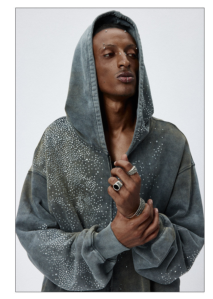 DND4DES 28K Crystal-Studded Dual-Wash ZIP-UP Hoodie Grey