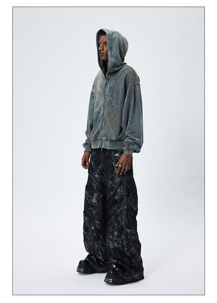 DND4DES 28K Crystal-Studded Dual-Wash ZIP-UP Hoodie Grey