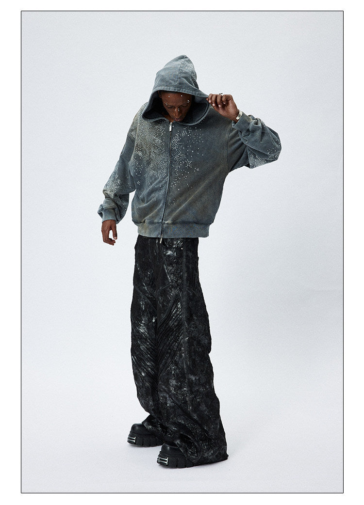 DND4DES 28K Crystal-Studded Dual-Wash ZIP-UP Hoodie Grey